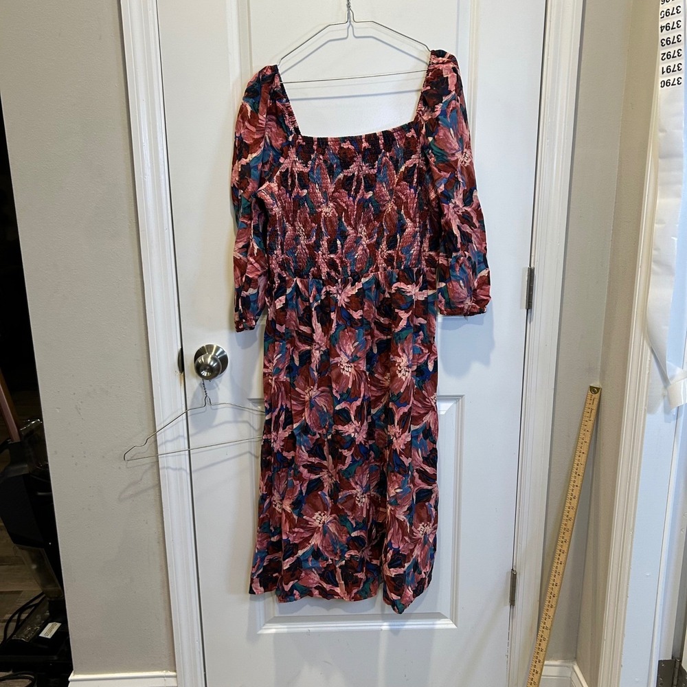 Time and Tru Women Dress Smocked Bodice Floral Square Neck XXL